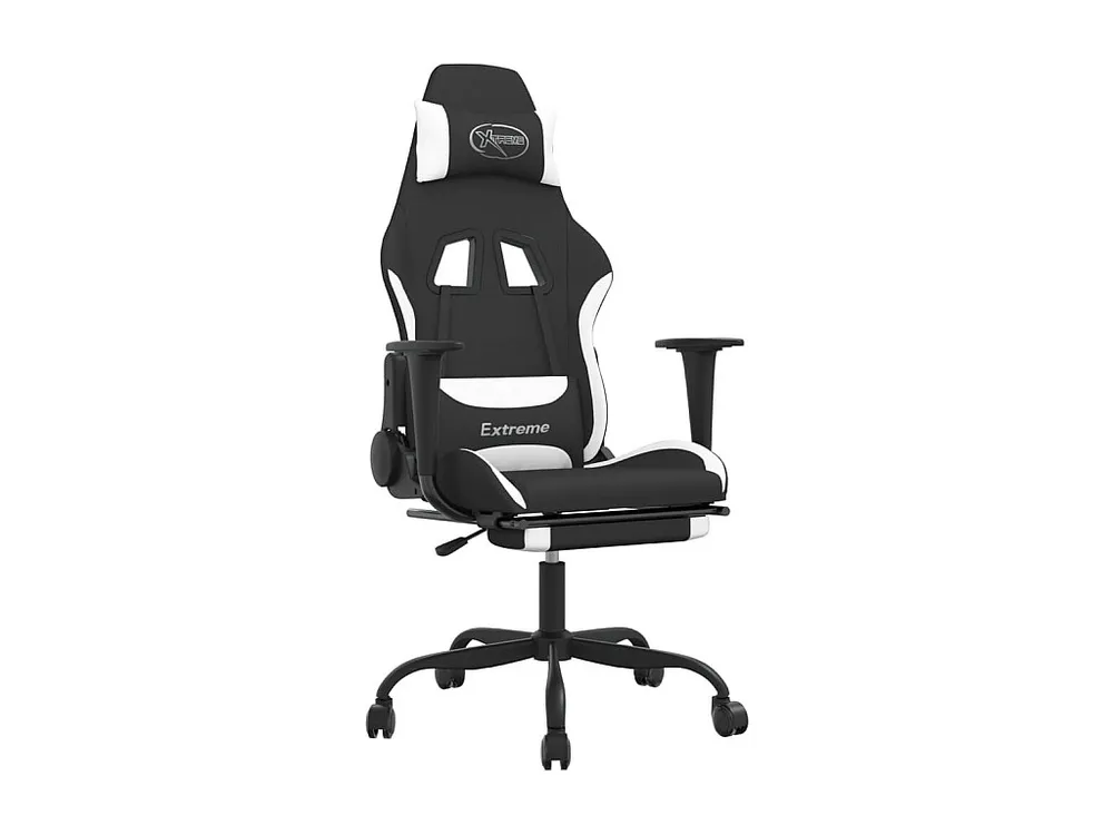 Cadeira de gaming com apoio de pés tecido preto e branco