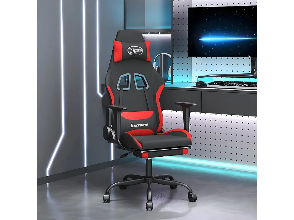 Cadeira de gaming com apoio de pés tecido preto e vermelho
