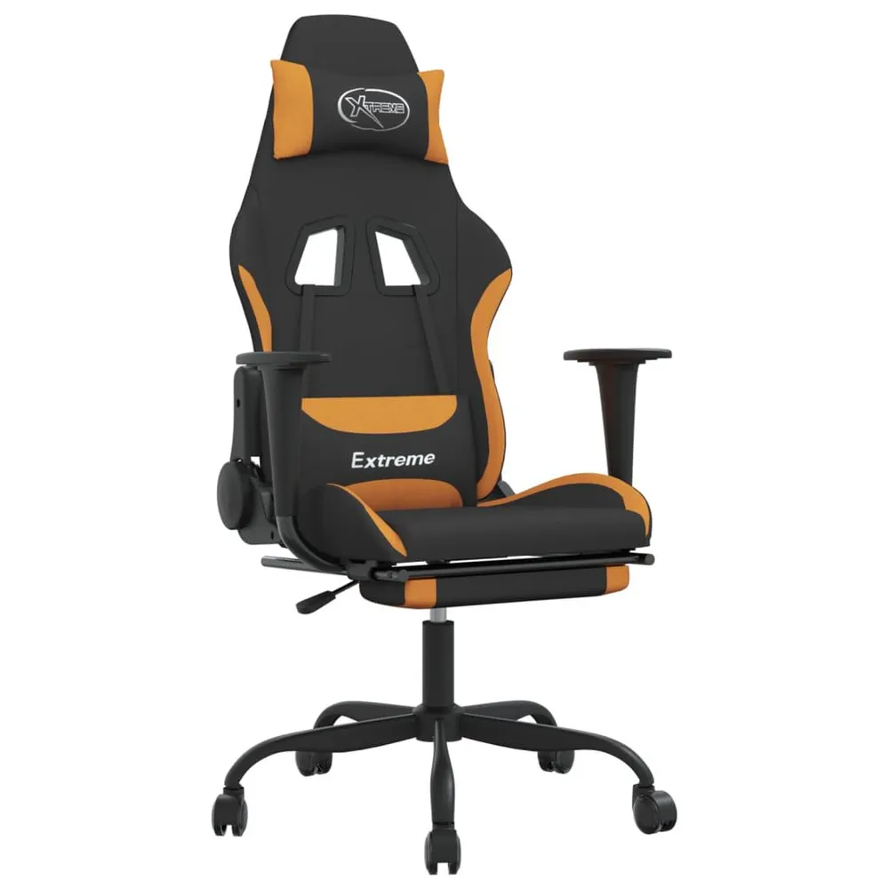 Cadeira de gaming com apoio de pés tecido preto e laranja