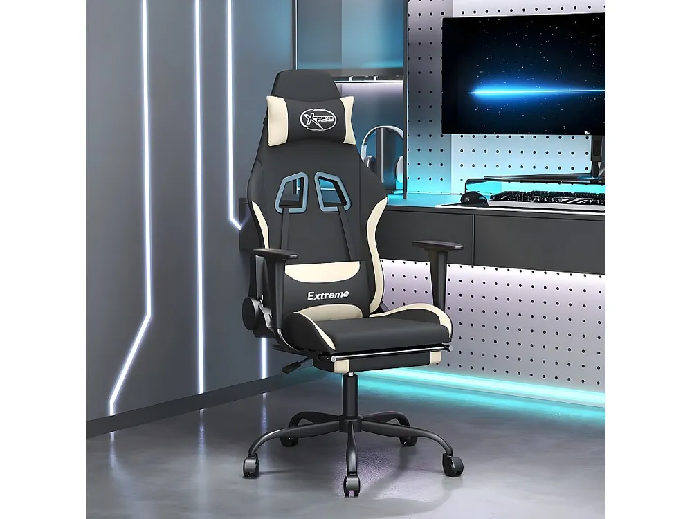 Cadeira de gaming com apoio de pés tecido preto e creme