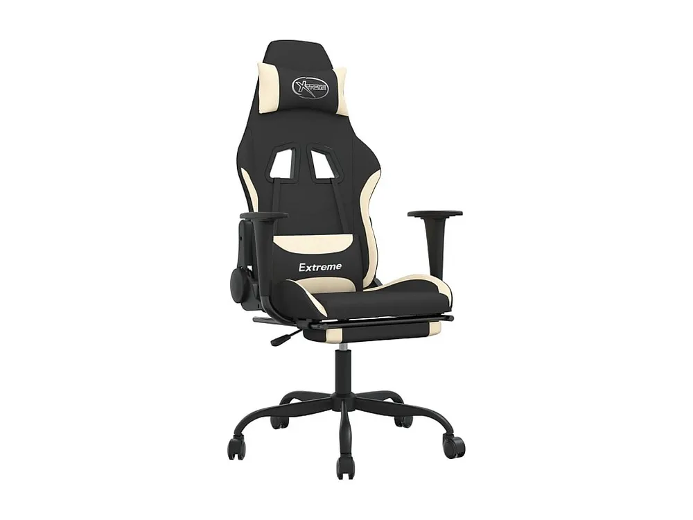 Cadeira de gaming com apoio de pés tecido preto e creme