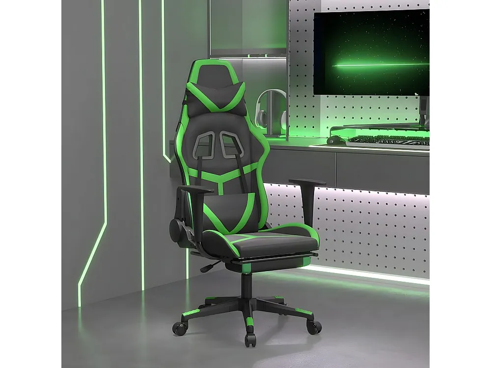 Cadeira gaming massagens com apoio pés couro artif. preto/verde