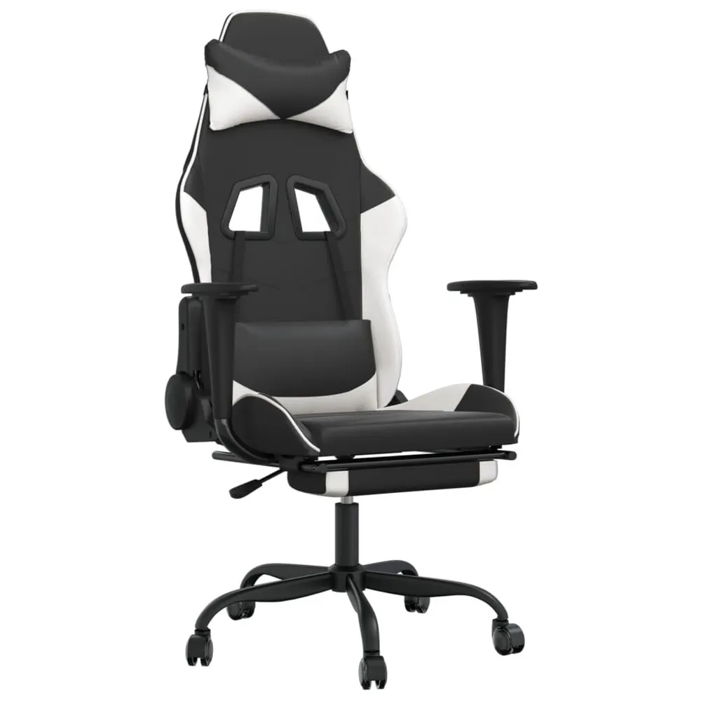 Cadeira gaming massagens com apoio pés couro artif. preto/branco