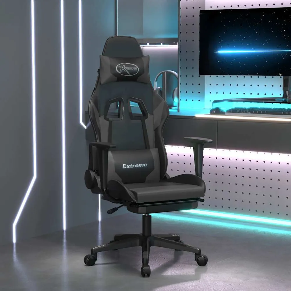 Cadeira gaming massagens com apoio pés couro artif. preto/cinza