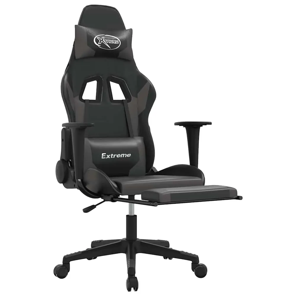 Cadeira gaming massagens com apoio pés couro artif. preto/cinza
