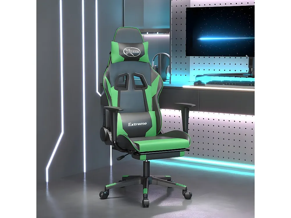 Cadeira gaming massagens com apoio pés couro artif. preto/verde
