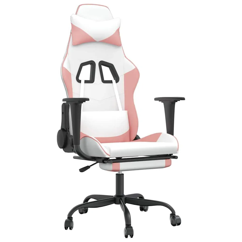 Cadeira gaming massagens com apoio pés couro artif. branco/rosa