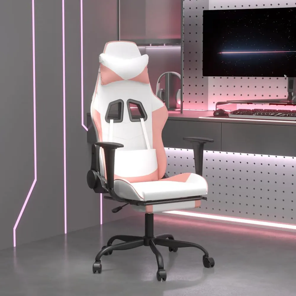 Cadeira gaming massagens com apoio pés couro artif. branco/rosa