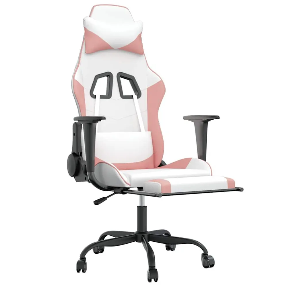 Cadeira gaming massagens com apoio pés couro artif. branco/rosa
