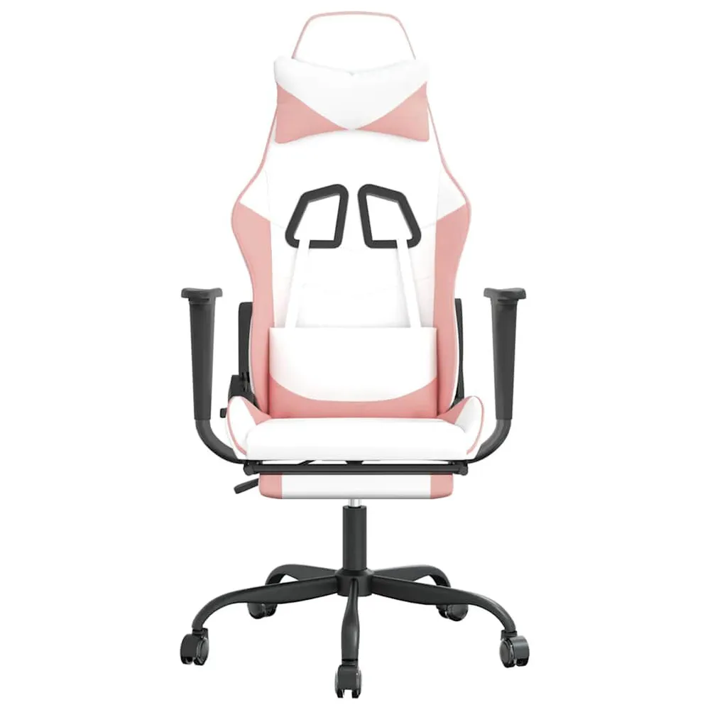 Cadeira gaming massagens com apoio pés couro artif. branco/rosa