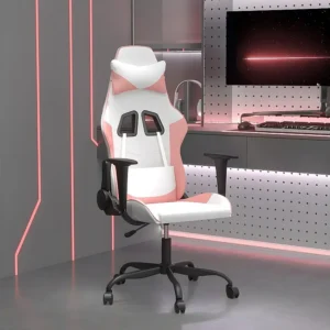 Cadeira gaming massagens couro artificial branco e rosa