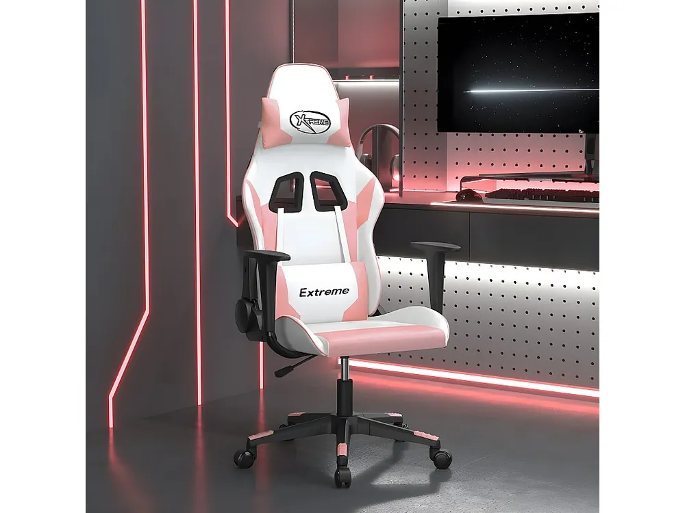 Cadeira gaming massagens couro artificial branco e rosa