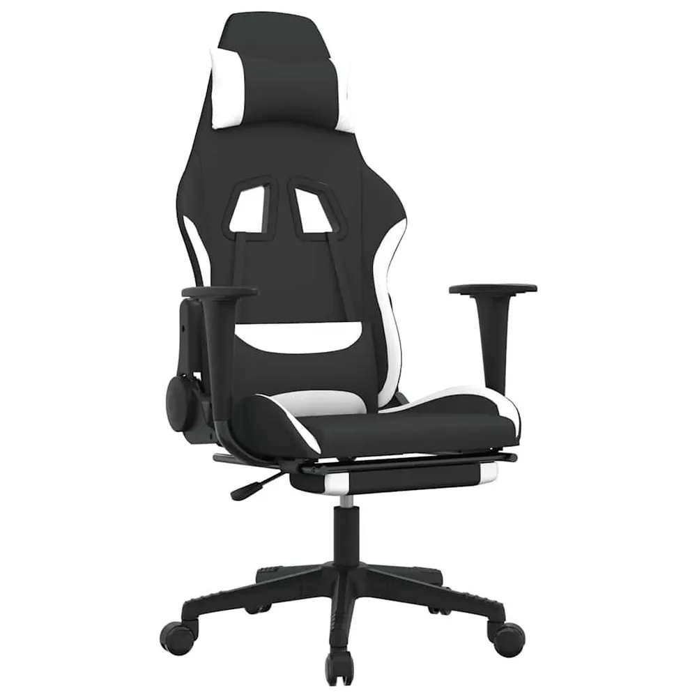Cadeira de gaming com apoio de pés tecido preto e branco | Ergonômico | Ajustável