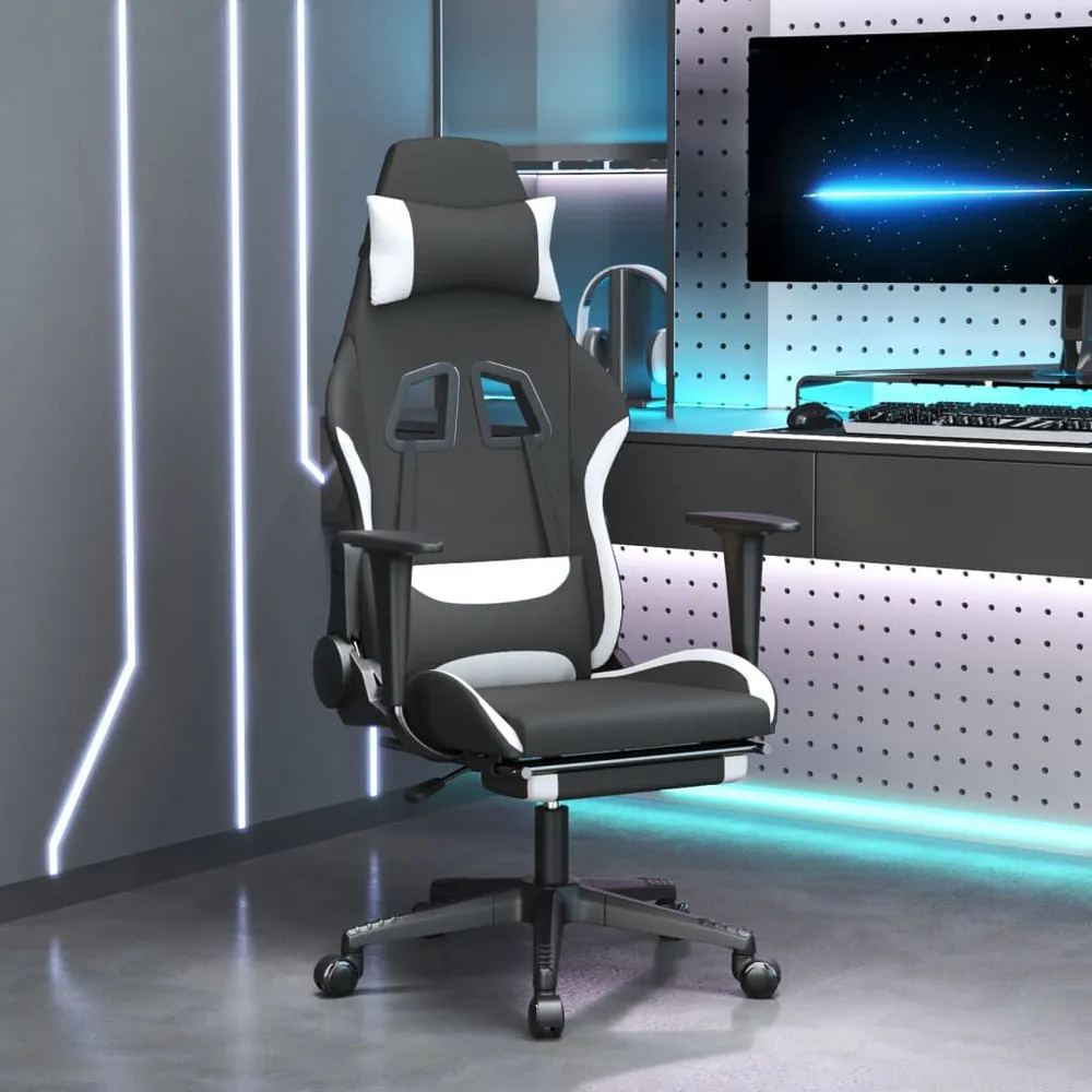 Cadeira de gaming com apoio de pés tecido preto e branco em Preto e Vermelho