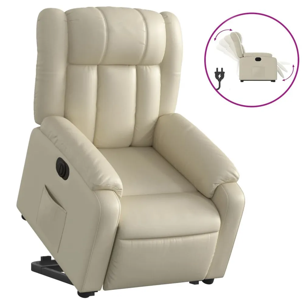 Poltrona reclinável elevatória elétrica couro artificial creme