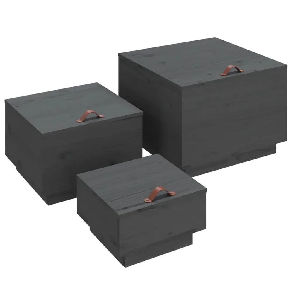 Cesto com Tampa Caixas de arrumação com tampas 3 pcs pinho maciço cinza