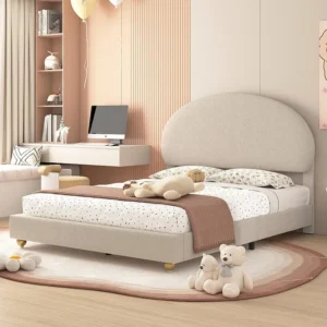Cama acolchoada 140 x 200 cm em tecido peluche - Cabeceira arqueada - Base de ripas - Bege