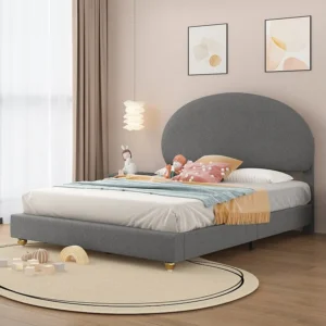 Cama acolchoada 140 x 200 cm em tecido peluche - Cabeceira arqueada - Base de ripas - Cinza