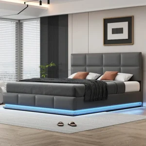 Cama de armazenamento 180 x 200 cm com iluminação LED - Couro PU - Base de ripas - Cinza