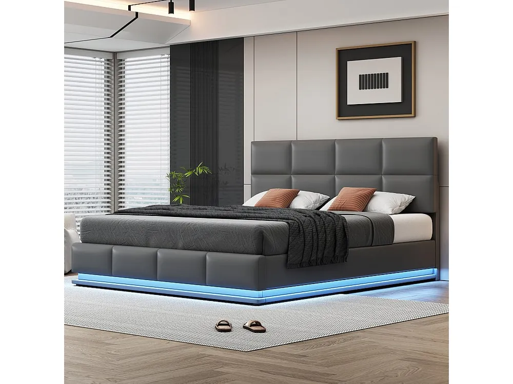 Cama de armazenamento 180 x 200 cm com iluminação LED - Couro PU - Base de ripas - Cinza
