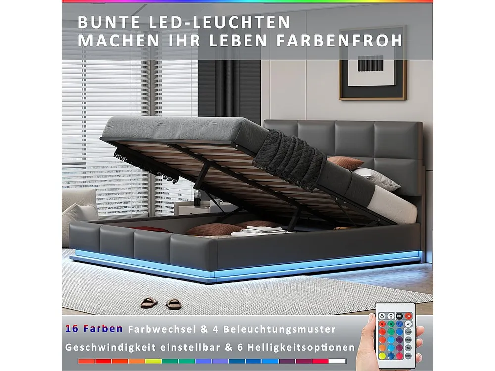 Cama de armazenamento 180 x 200 cm com iluminação LED - Couro PU - Base de ripas - Cinza