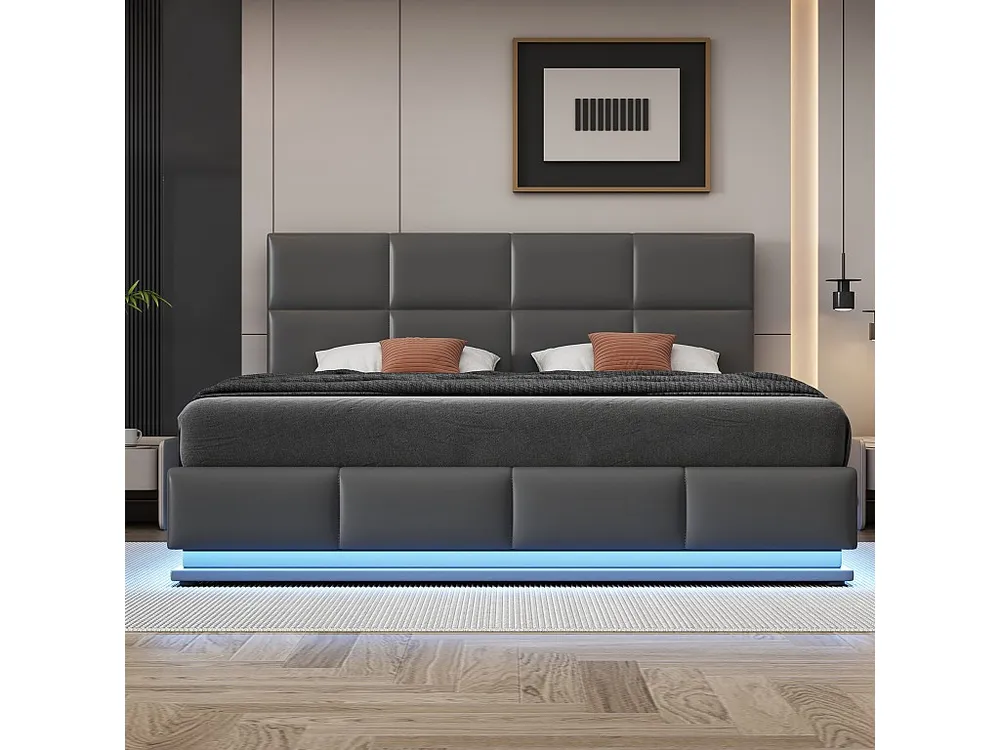 Cama de armazenamento 180 x 200 cm com iluminação LED - Couro PU - Base de ripas - Cinza