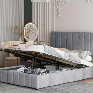 Cama de armazenamento com cabeceira ajustável - 140 x 200 cm - veludo - base de ripas - estilo escandinavo - cinza