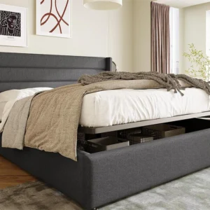 Cama de arrumação 160 x 200 cm - tecido de linho - base de ripas - cor cinza