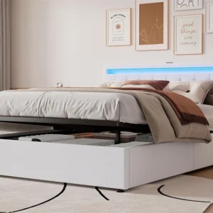 Cama de arrumação 160x200 cm em tecido de linho com LED - Tomadas USB e Tipo C na cama - com base de ripas - Branco