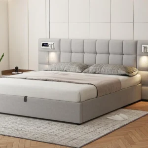Cama de arrumação 180x200cm tecido veludo - com porta USB, carregamento sem fios e LED - com base de ripas - Cinza