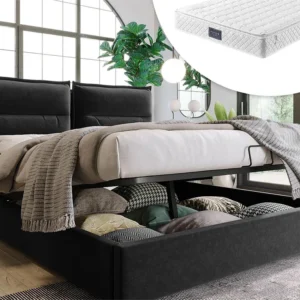 Cama de arrumação com arrumação 140 x 200 cm - veludo - base de ripas - preto + colchão