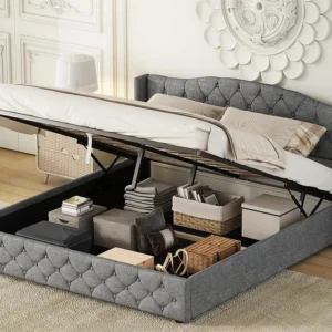 Cama de arrumação com arrumação - 180 x 200 cm - tecido de linho - base de ripas - cor cinza