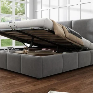 Cama arrumação com cabeceira - 140 x 200 cm - veludo - base de ripas - estilo contemporâneo - cinza