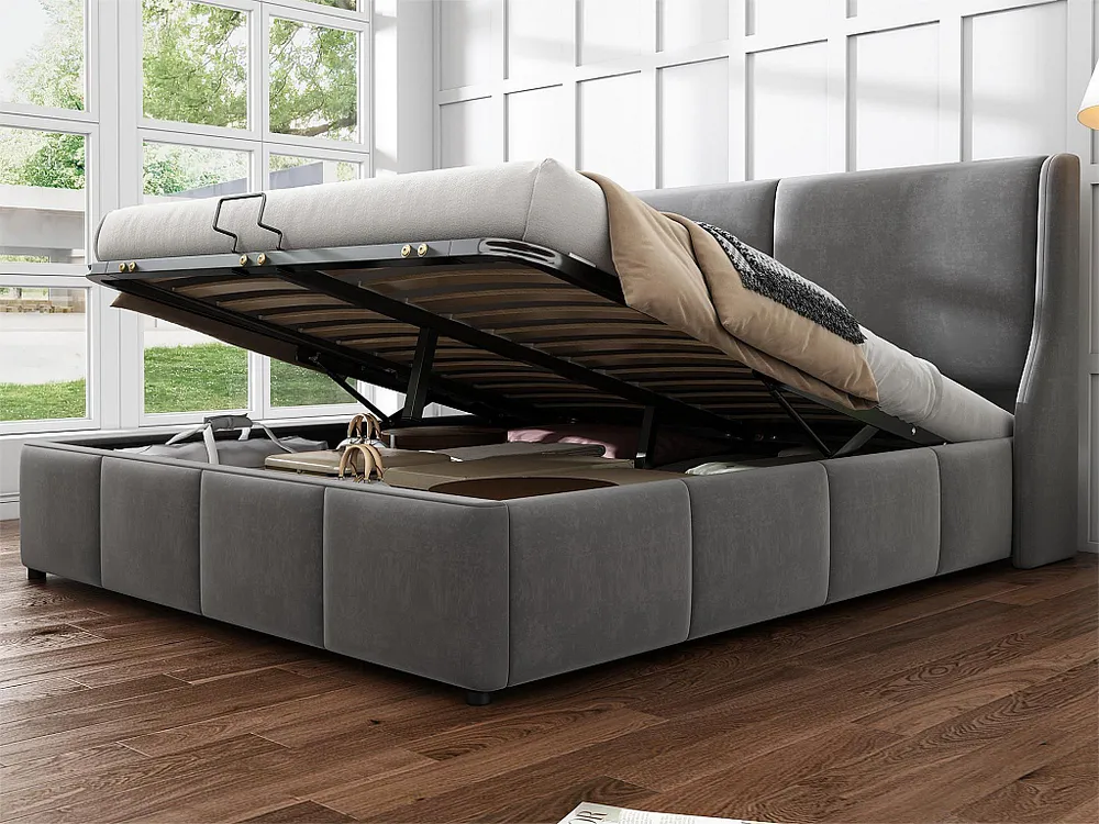 Cama arrumação com cabeceira - 140 x 200 cm - veludo - base de ripas - estilo contemporâneo - cinza