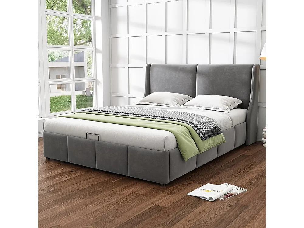 Cama arrumação com cabeceira - 140 x 200 cm - veludo - base de ripas - estilo contemporâneo - cinza