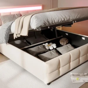 Cama de arrumação em veludo 180x200cm - com LED e base de ripas - Bege