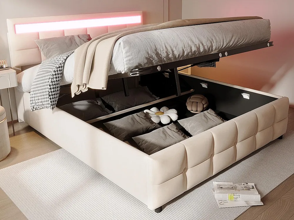 Cama de arrumação em veludo 180x200cm - com LED e base de ripas - Bege