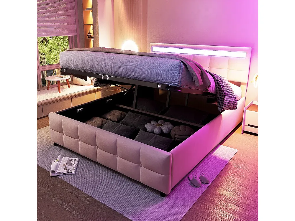 Cama de arrumação em veludo 180x200cm - com LED e base de ripas - Bege