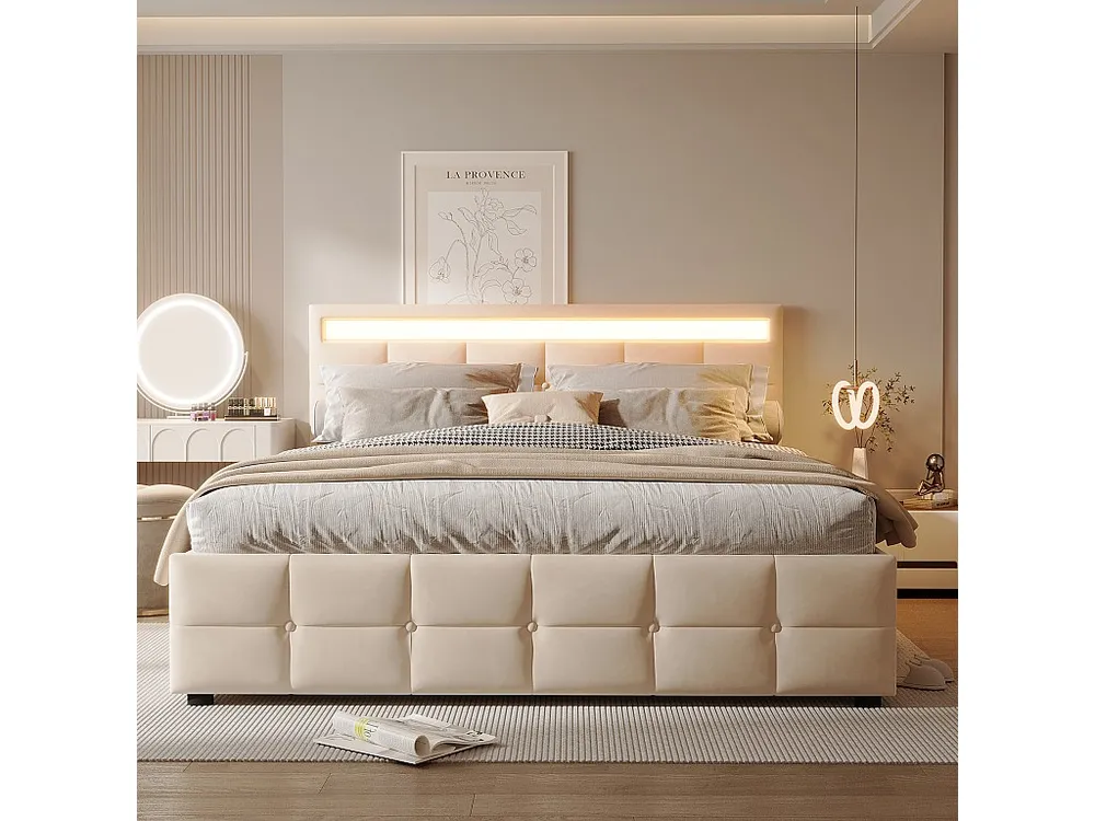 Cama de arrumação em veludo 180x200cm - com LED e base de ripas - Bege