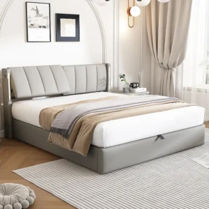 Cama binaural com cabeceira ajustável - 140 x 200 cm - Couro PU - LEDs e USB - Base de ripas - Cinza
