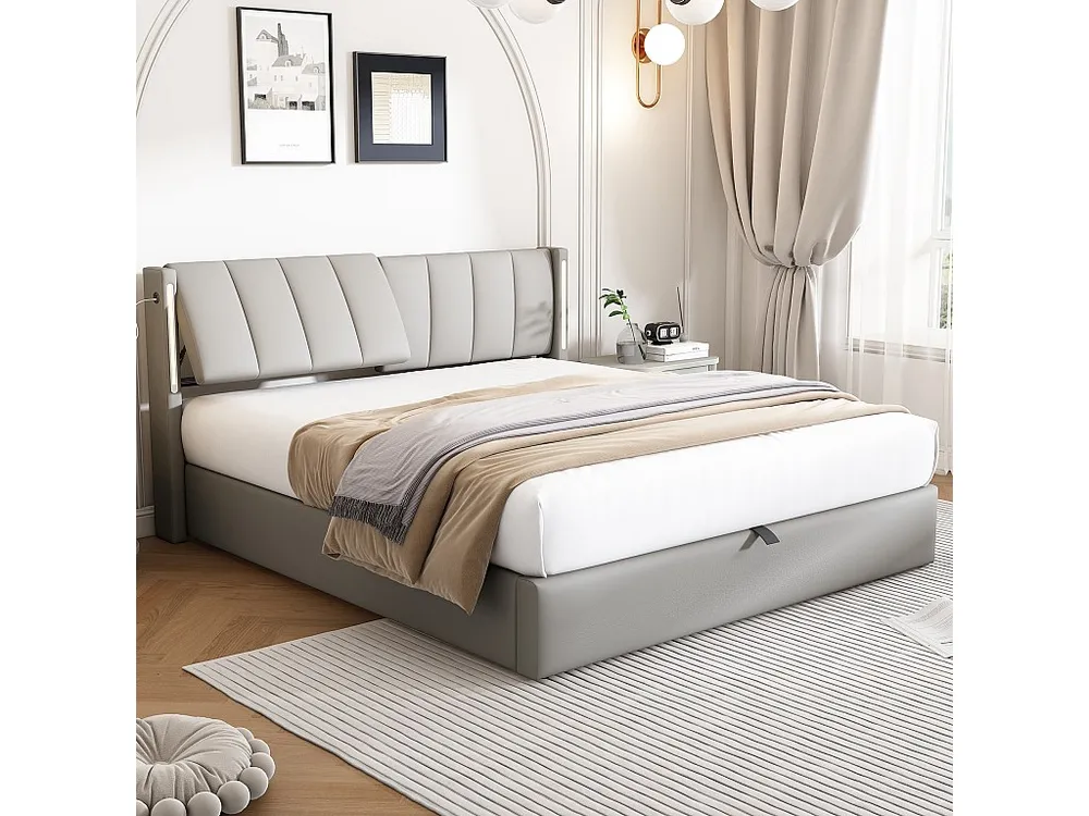 Cama binaural com cabeceira ajustável - 140 x 200 cm - Couro PU - LEDs e USB - Base de ripas - Cinza