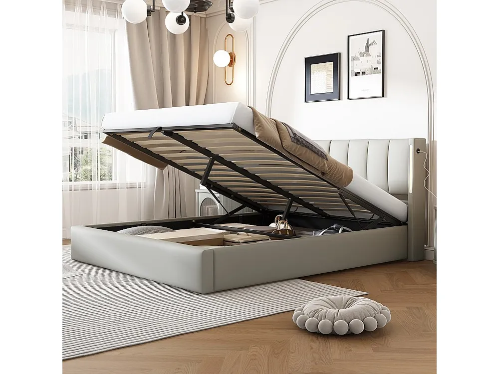 Cama binaural com cabeceira ajustável - 140 x 200 cm - Couro PU - LEDs e USB - Base de ripas - Cinza