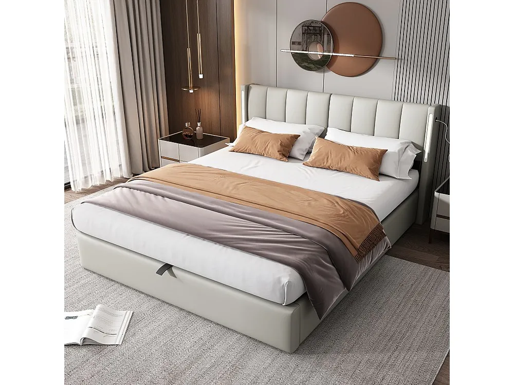 Cama binaural com cabeceira ajustável - 140 x 200 cm - Couro PU - LEDs e USB - Base de ripas - Cinza