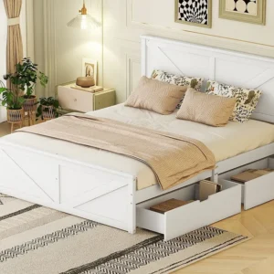 Cama de casal de madeira 160 x 200 cm com 4 gavetas, Base de ripas incluída, Branco