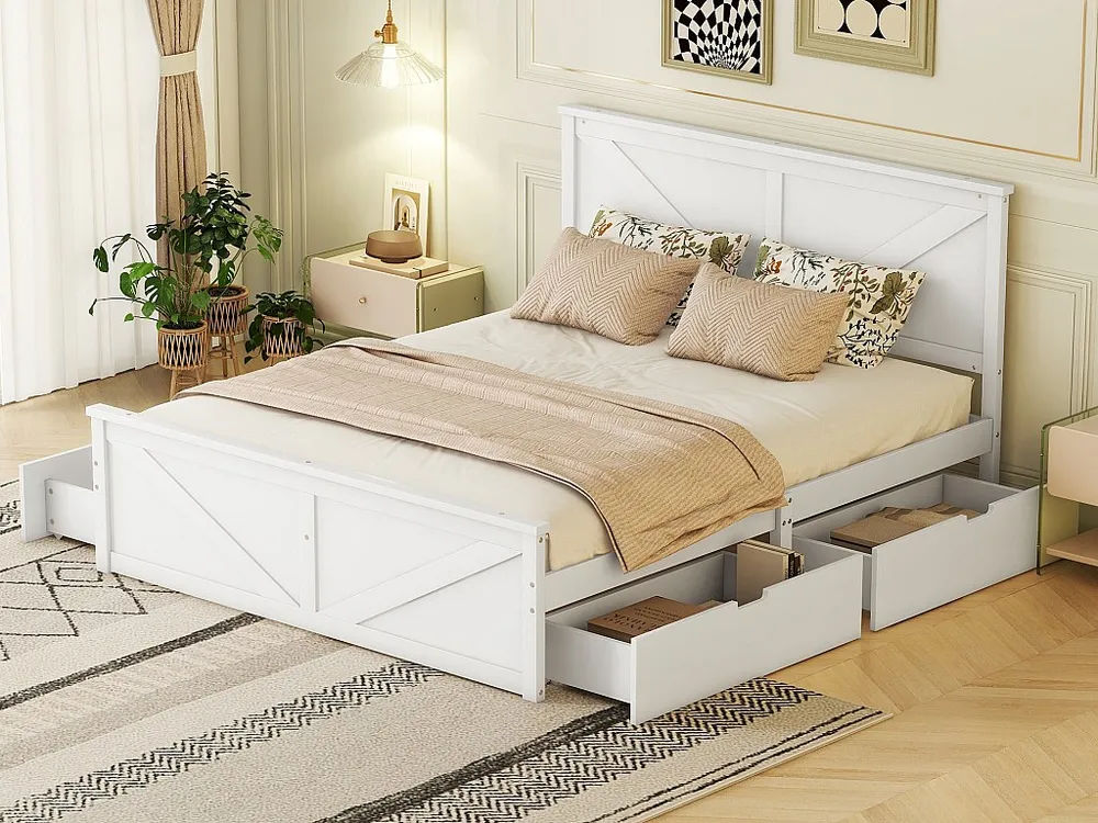 Cama de casal de madeira 160 x 200 cm com 4 gavetas, Base de ripas incluída, Branco