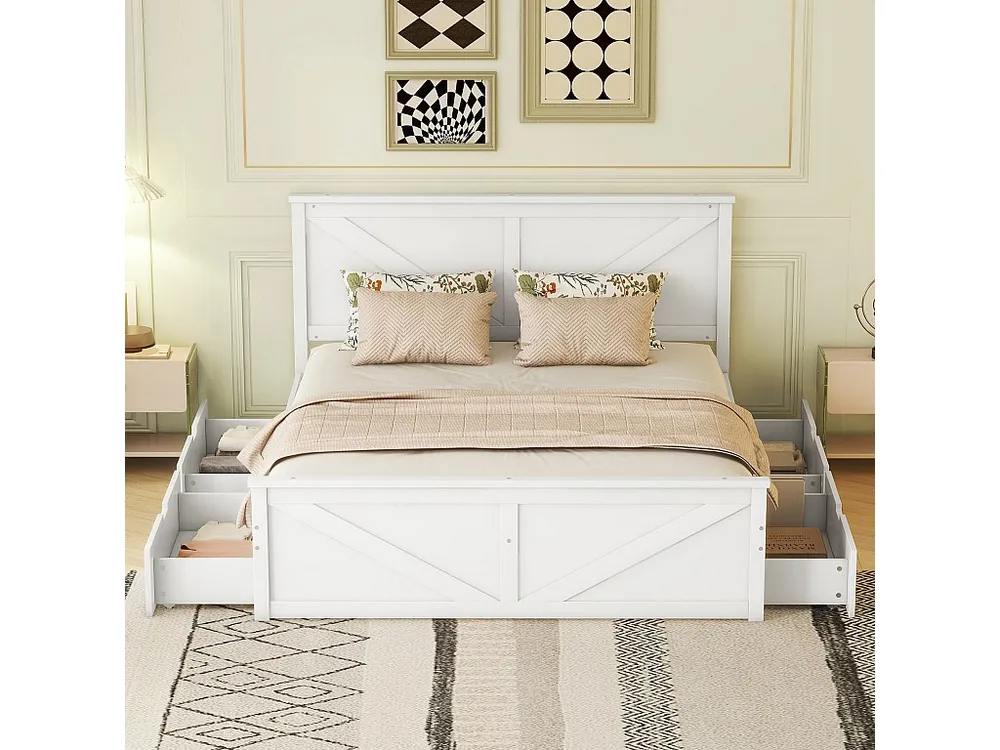 Cama de casal de madeira 160 x 200 cm com 4 gavetas, Base de ripas incluída, Branco
