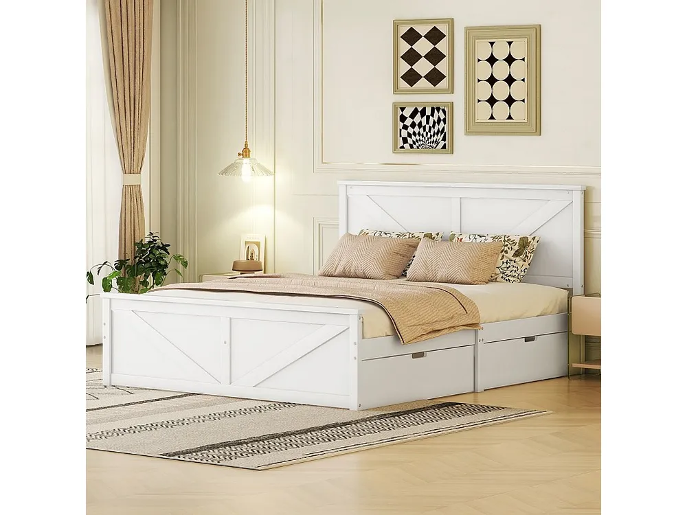 Cama de casal de madeira 160 x 200 cm com 4 gavetas, Base de ripas incluída, Branco