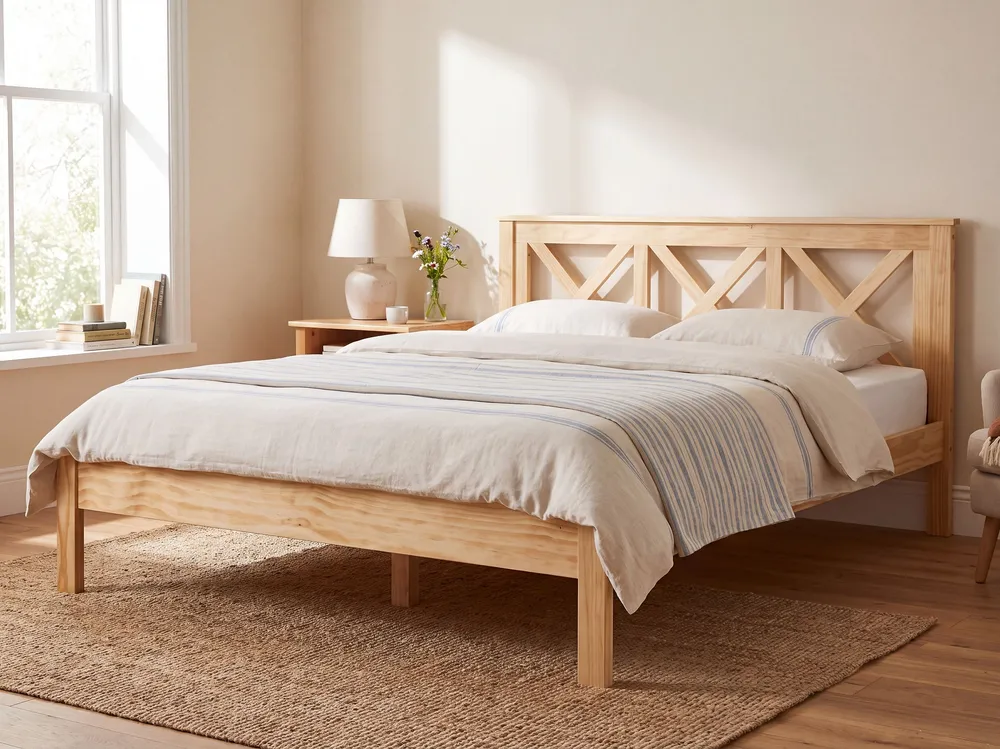 Cama de casal em madeira clara 160 x 200 cm TANNAY com Gavetas de Armazenamento