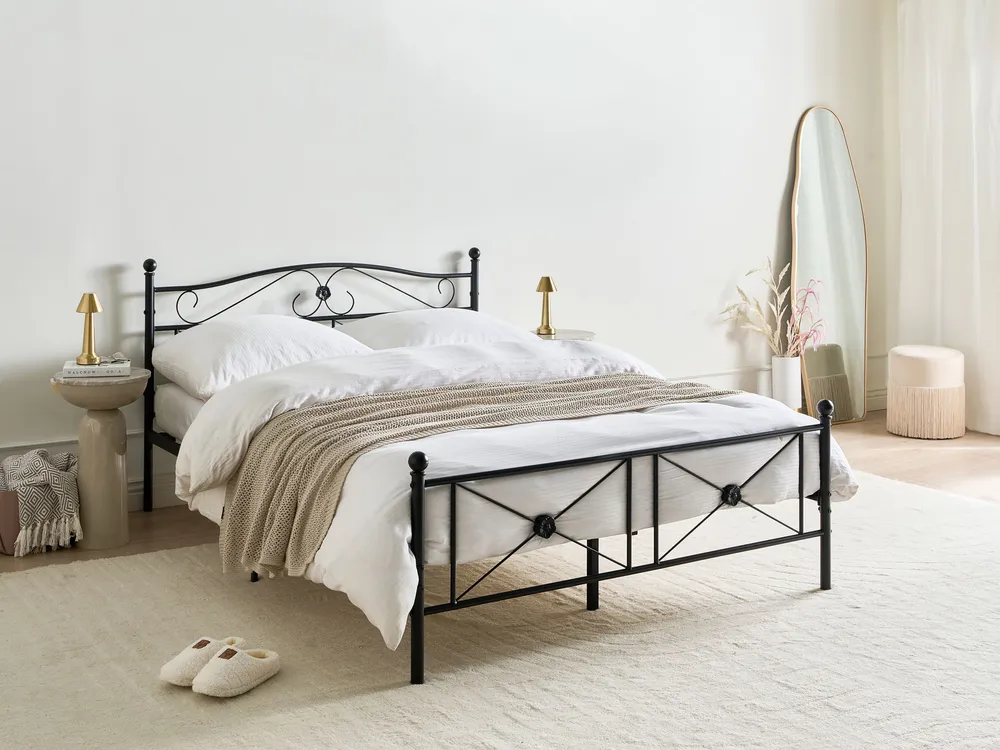 Cama de casal em metálico preto 140 x 200 cm RODEZ Tecido Resistente