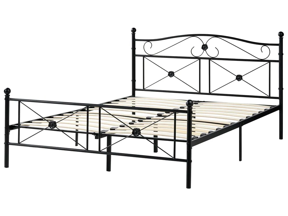 Cama de casal em metálico preto 140 x 200 cm RODEZ Tecido Resistente